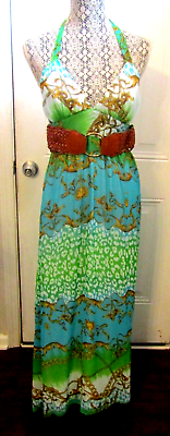 #ad NWT 2B Bebe Maxi Dress Monique Belted Halter Top Lined Blue Green Size XS $52.49