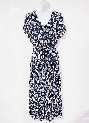 #ad J.Jill Floral Maxi Dress XS Blue V Neck Ruffles Tie Waist Lined SUNDRESS $24.99