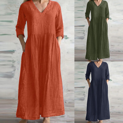#ad Women V Neck Cotton Blend Maxi Dress Kaftan Casual Baggy Summer Loose Long Dress $18.19