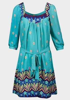 Turquoise Folk Floral Print Belted Tunic Dress BNWT Festival Boho Summer GBP 12.99