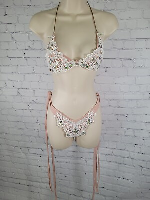 #ad Unbranded Peach Crochet Sparkle High Waist Cheeky String Bikini Small S $3.60
