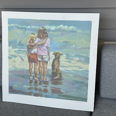 Lucille Raad Print Signed Limited Edition Two Girls Beach Dog 22quot; Square Ocean $139.99