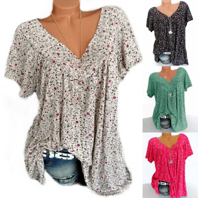 Fashion Womens Casual Boho Summer Short Sleeve V Neck Floral T Shirt Blouse Tops $9.21