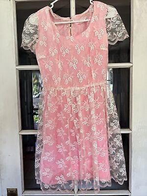 Vintage Handmade Junior Party Dress Floral Lace Over Pink Satin 1950s Custom $47.99