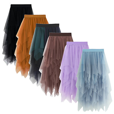 Women#x27;s Elegant Mesh Layered Tulle Skirt Asymmetrical Midi High Low Tutu Skirts $4.74