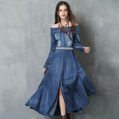 #ad Sexy Women Off The Shoulder Dress Long Sleeveless Slim Fit Denim Party Dresses $73.54