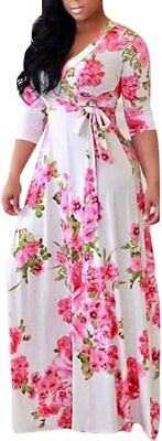 #ad Olens Women 3 4 Long Sleeve Wrap V Neck Floral Printed Long Maxi Dress Plus Size $72.48