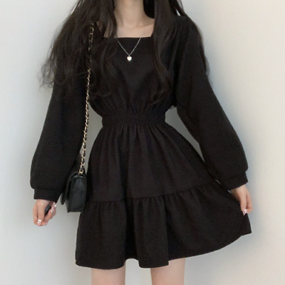 #ad Women Long Sleeve Black Dresses Square Collar A Line High Waist Mini Length $60.97