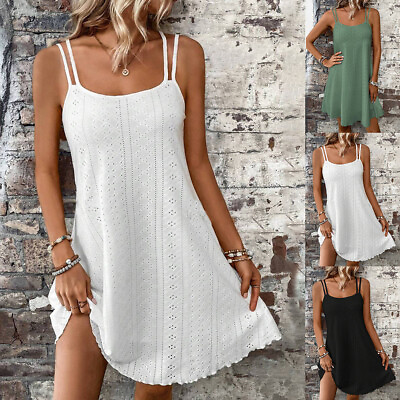 #ad Women Summer Loose Strappy A line Dress Sleeveless Holiday Beach Mini Sundress $17.29