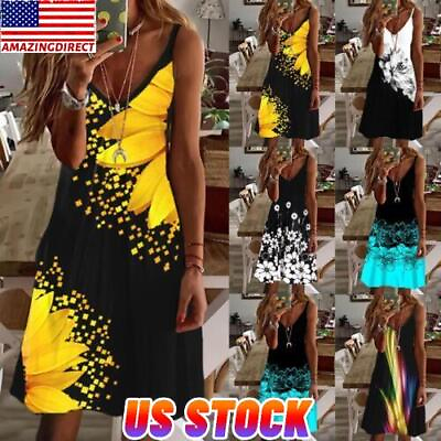 Womens Summer Beach Boho Sundress Ladies Strappy V Neck Cami Dress Plus Size US $14.69