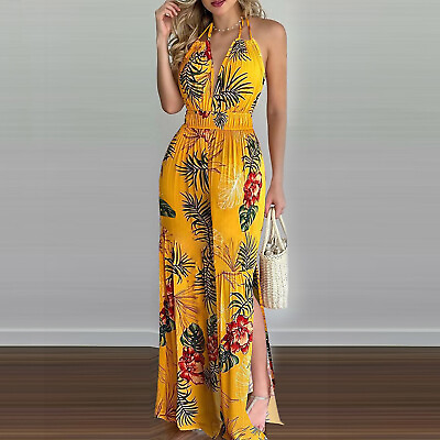 #ad Summer Sundress for Women Hawaiian Beach Cover Up Sleeveless Smocked Jumpsuit $16.98
