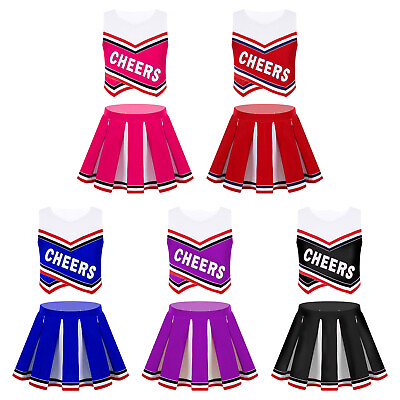 Kids Girl Cheer Leader Costume School Uniform Sleeveless Top with Pleated Skirts $10.15