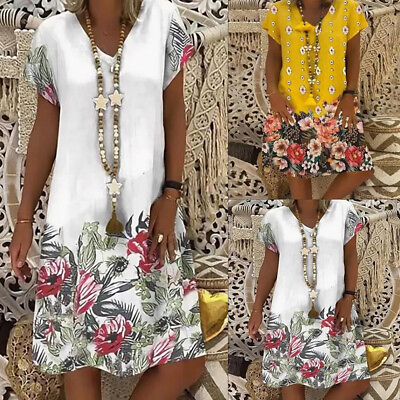 #ad Women#x27;s Boho Floral Print V Neck Dress Ladies Summer Holiday Casual Sundress US $20.60
