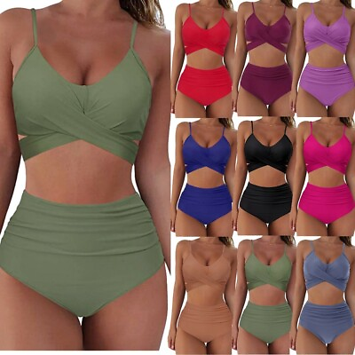 #ad Women Sexy Solid Push Up High Cut Halter Bikini Set Two Piece Swimsuit Swimwear $18.87
