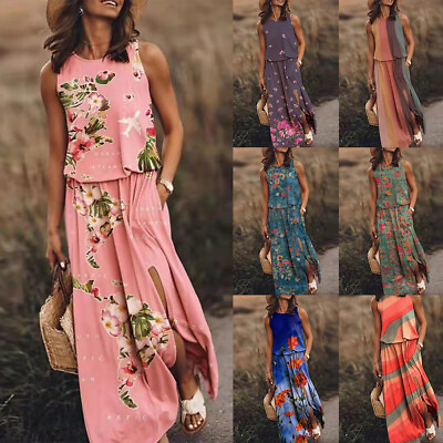 #ad Womens Crew Neck Floral Boho Maxi Dress Ladies Casual Loose Sleeveless Sundress $13.77