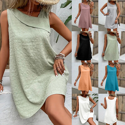 #ad Women Sleeveless Tank Dress Summer Holiday Beach Loose Casual Swing Sundress US $19.69