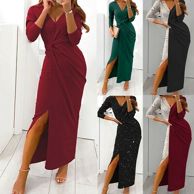 #ad Women Sexy V Neck Long Sleeve Bodycon Ladies Evening Cocktail Party Long Dress S $15.77