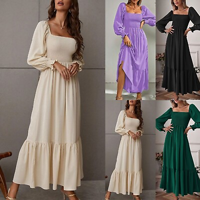 Women#x27;s Square Neck Flounce Shirred Ruffle Hem Elegant Long Sleeve Maxi Dress $29.00