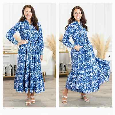 #ad Sohana by Avara Boutique Cammie Blue Floral Maxi Dress Long Sleeve Button Down M $105.00