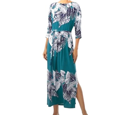 #ad Tommy Bahama Dress Womens Sz XL Teal Maxi Tropical Palm Leaf Las Palmas Tie Belt $74.95