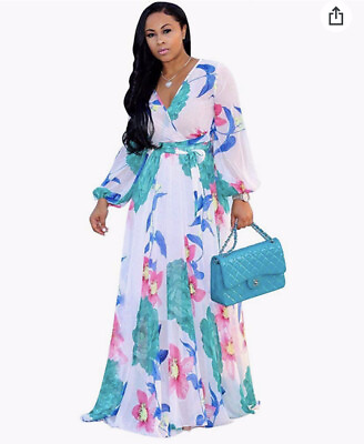 Womens Chiffon Deep V Neck Stripe Printed Maxi Dress Summer Boho Dresses Sz XXL $45.00