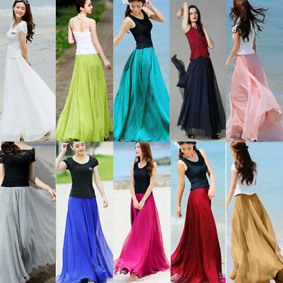 #ad Women Chiffon High Waist Elastic Waist Skirt Double Layer Long Maxi Beach Dress $17.27