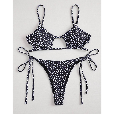 #ad ZAFUL Two Piece Spotted Dalmation Cutout Swimsuit Bikini Black Large $22.00