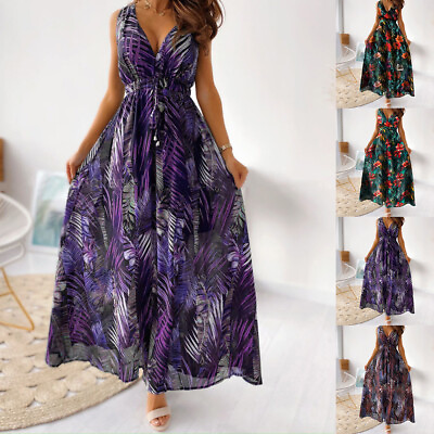 #ad Women Boho Floral V Neck Maxi Long Dress Summer Party Holiday Beach Sundress US $18.76