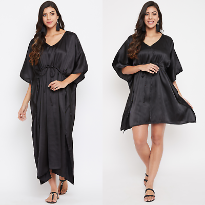 #ad Gypsie Blu Women Satin Tunic Kaftan Black Long Maxi Dress Ladies Silk Nightgown $23.99