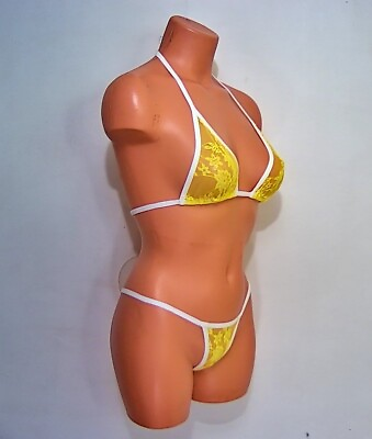 #ad yellow flower lace sheer spandex mesh banded thong bikini lingerie sunwear $12.95