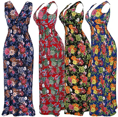 Women#x27;s Deep V Neck Floral Smocked Waist Summer Sundress Long Dress $18.95