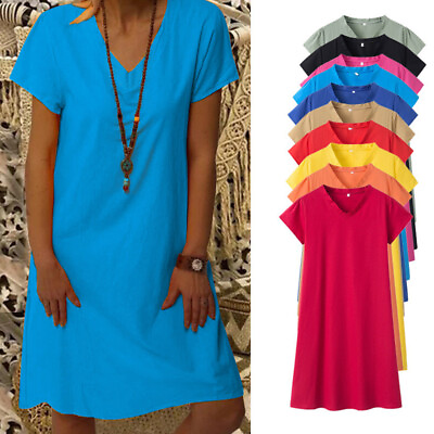 #ad #ad 💙💙T Shirt Linen Summer Baggy Plus Size V neck Womens Cotton Ladies Tops Dress‹ $11.23