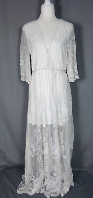 #ad Boho Maxi Dress Womens White Embroidered Hippie Beachy Destination Wedding S M $54.97