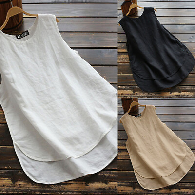Womens Cotton Linen Sleeveless Tank Top Vest Ladies Casual Loose T Shirt Blou ✽ $4.80