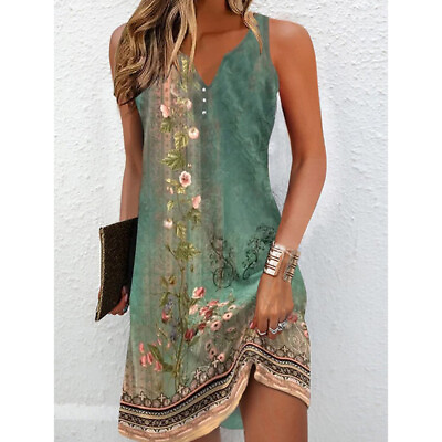 #ad #ad Women#x27;s Summer Floral Beach Tank Dress Ladies Holiday Button Casual Sundress $22.71
