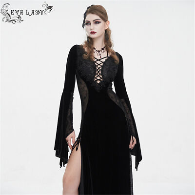 #ad Eva Lady Women Black Sexy Gothic Velvet Lace Spliced Long Sleeve Party Dress GBP 97.99
