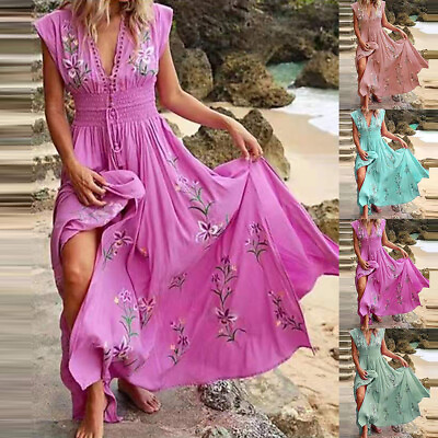 #ad Womens Boho Floral Maxi Long Dress Ladies V Neck Summer Beach Holiday Sundress $24.09