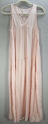 #ad #ad Women#x27;s Pink Peach V neck Sleeveless 100% Rayon Boho Maxi Dress Flared Sz M $11.29