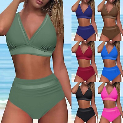 #ad Women#x27;s Two Pieces Swimsuit Deep V Tops High Waisted Bikini Sets Bathing Suits $28.75