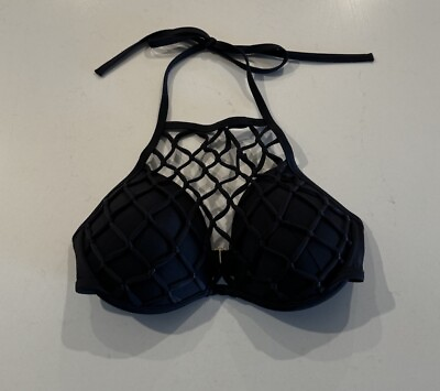 #ad Shade amp; Shore Size 32D Black Bikini Top Underwire Padded Net Caged Halter Swim $14.99