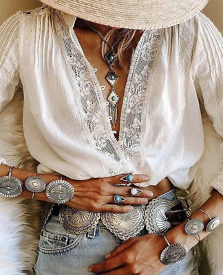 #ad M New White Lace Long Sleeve Gypsy Boho Blouse Vtg 70s Insp Top Womens MEDIUM $64.50