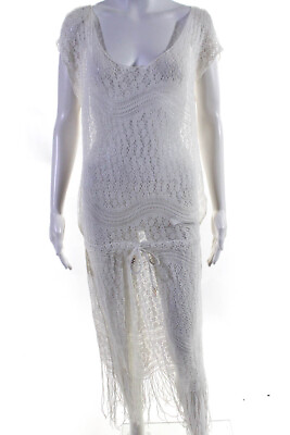 Letarte Handmade Womens Sleeveless V Neck Fringe Lace Cover Up White Size Medium $29.01