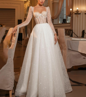 #ad Shiny Sweetheart Princess Wedding Long Sleeve Glitter Tulle Boho Bride dresses $159.99