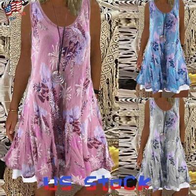 #ad Women#x27;s Sleeveles Boho Dresses Ladies Summer Holiday Beach Loose Floral Sundress $20.23