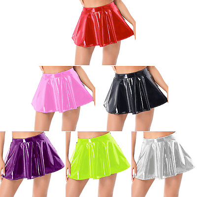 US Women#x27;s Shiny Metallic Patent Leather Flared Pleated Skirt A Line Mini Skirts $9.29