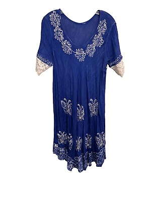 #ad #ad Unbranded Boho Midi Dress Womens Free Size Blue White Hippie Gypsy Embroidered $17.33