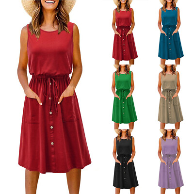 #ad Women Sleeveless Solid A Line Midi Dress Ladies Casual Holiday Sundress Summer $21.52