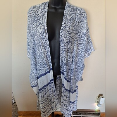 #ad Woven Heart Kimono Duster Swimsuit Cover Up Blue White One Size Short Sleeve $15.00