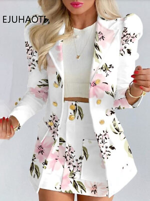 #ad Long Sleeve Solid Jacket with Mini Skirt Two piece Suit Blazer and Skirt Set $54.51