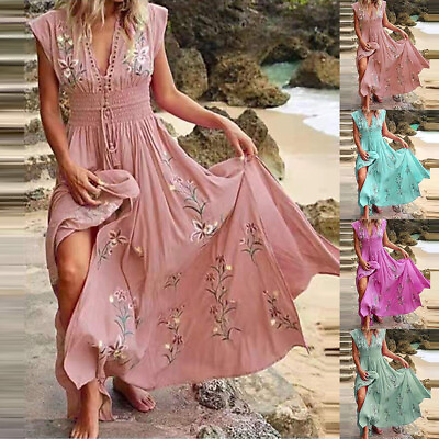 #ad Womens Boho Floral Maxi Dress Ladies V Neck Summer Beach Holiday Long Sundress $24.69
